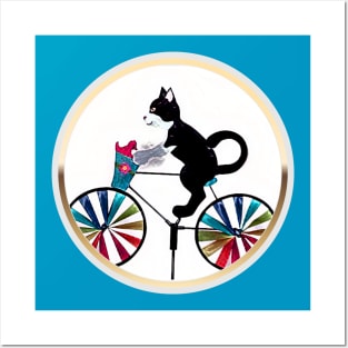 Black Cat on bike (gold frame circle) Posters and Art